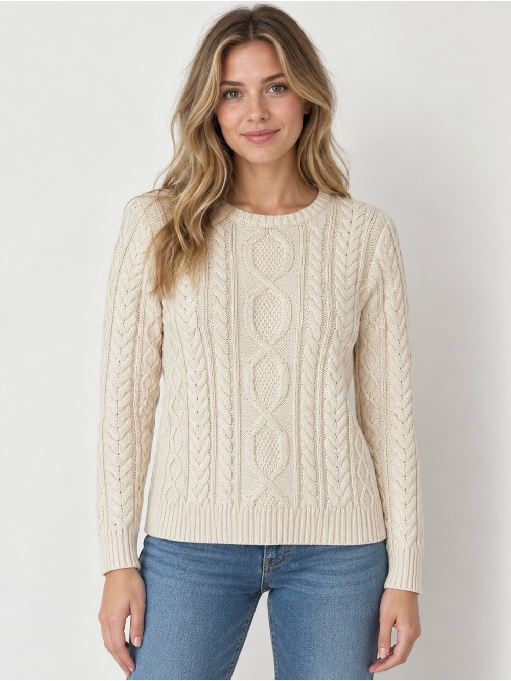 L.L.Bean Organic Cotton Cream Cable Knit Sweater – Small Petite 18x25